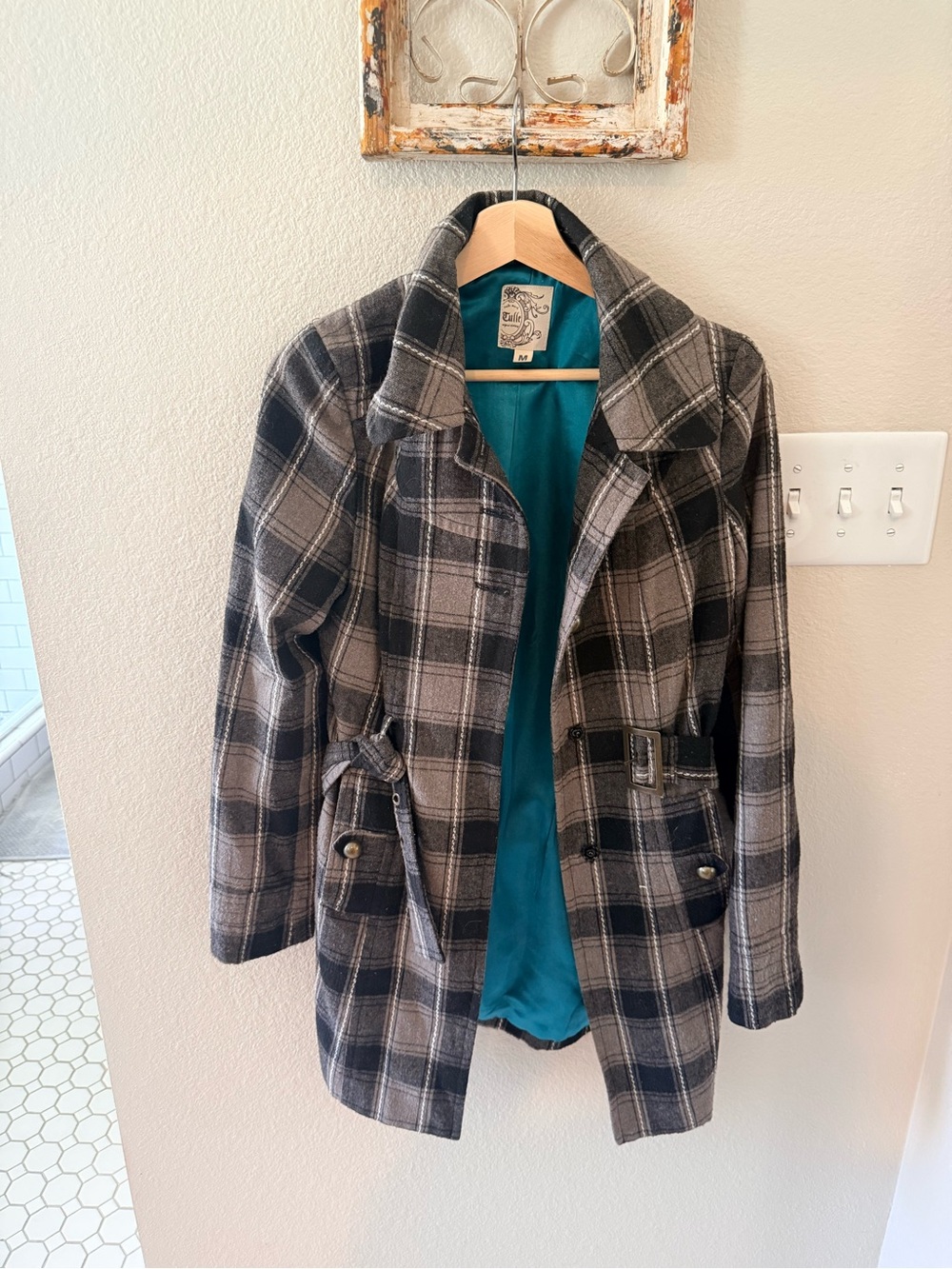 Tulle Black and Gray Plaid Peacoat with Teal Lining